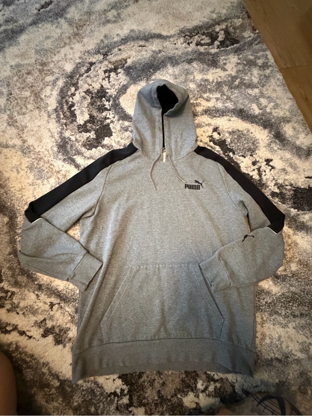 Puma Men's Grey Hoodie with Black Shoulder Stripes